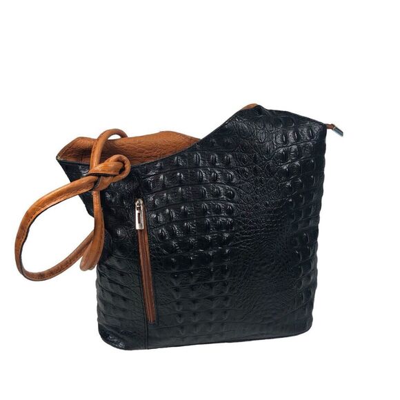 Moda In Pelle Purse Womens Black Ostrich Pattern Italian Leather Tote Backpack - Picture 11 of 16